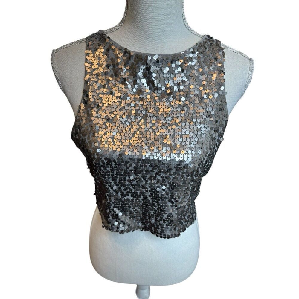 Express Sequin Crop Sparkly Tank Top Grey & Silver Sequin Y2K